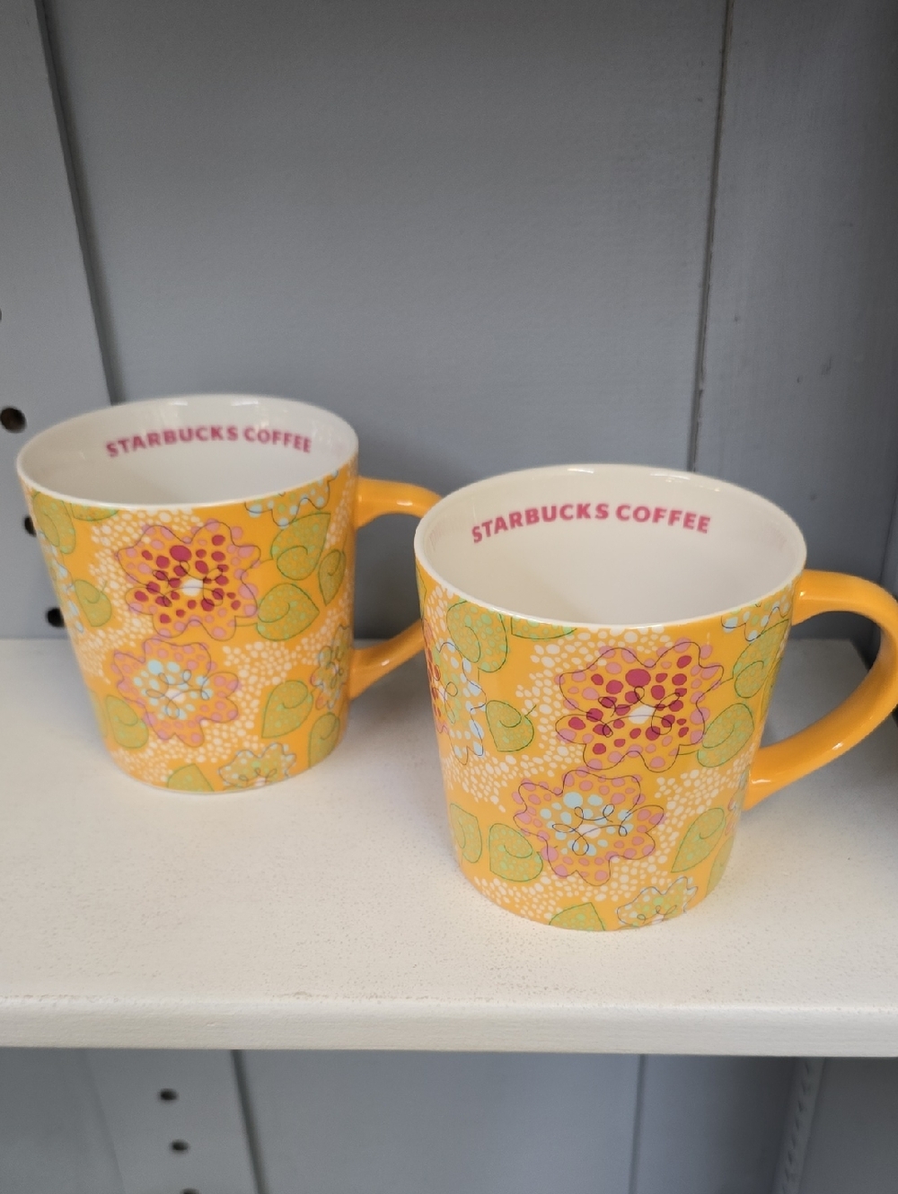 Starbucks Yellow Floral Ceramic Mug with Pink Logo